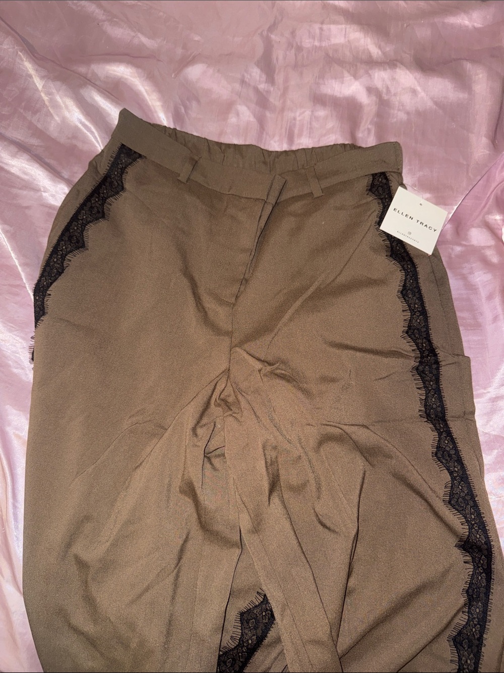 NWT Ellen Tracy Brown Lace Trim Formal Pants